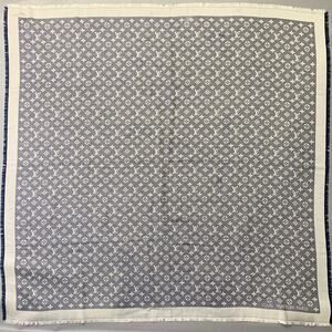 LOUIS VUITTON Blue Grey Monogram Silk Wool Square Fringe Scarf Shawl